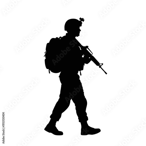 Silhouette of a soldier walking with a rifle and backpack, military concept