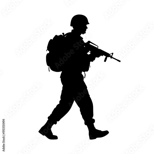 Silhouette of a soldier walking with a rifle and backpack, military, army, combat, uniform, weapon