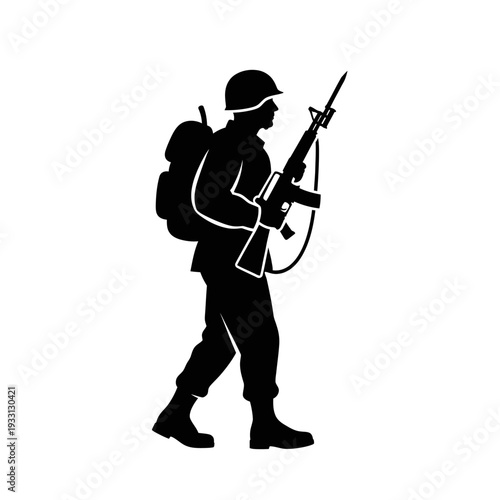 Silhouette of a soldier walking with a rifle and backpack, military, army, combat, war, freedom, patriotism