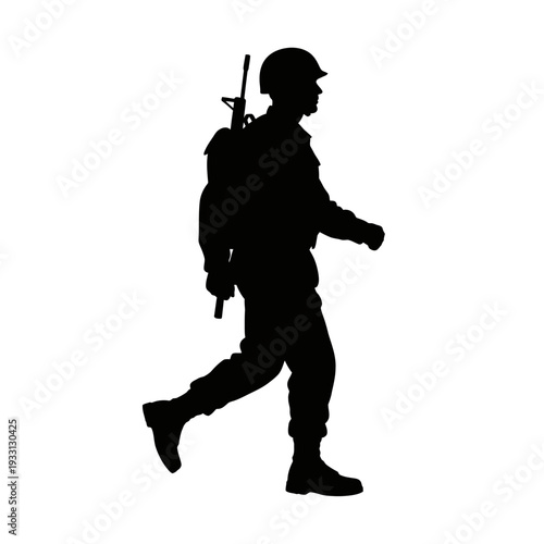 Silhouette of a soldier walking with a rifle and backpack, military concept