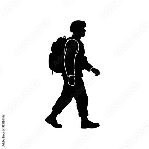 Silhouette of a Soldier Walking with Backpack