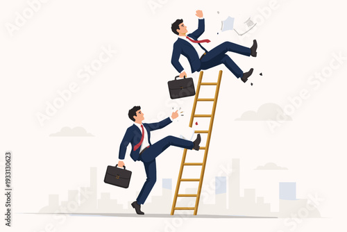 Businessman Kicking Rival Off Ladder of Success Concept of Unfair Business Competition Corporate Sabotage and Professional Rivalry in Career Growth Path Vector Illustration for Marketing Design