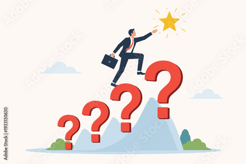 Ambitious businessman climbing stairs made of red question marks to reach a shining gold star. Concept of problem solving, overcoming challenges, and finding answers to achieve career success.