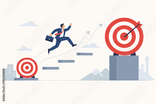 Businessman Jumping Up to Higher Target for Career Growth, Aspiration, and Motivation to Achieve Bigger Business Goals, Success, Ambition, and Professional Development Concept Vector Illustration