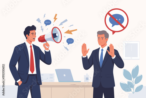 Businessman Shouting Through Megaphone at Colleague Who Refuses to Listen and Shows Stop Gesture. Metaphor for Censorship, Freedom of Speech, Workplace Conflict, and Communication Breakdown in Office.