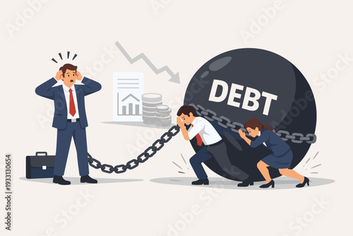 Shocked Businessman Chained to a Giant Debt Ball While Colleagues Struggle to Push the Heavy Financial Burden. Concept of Economic Crisis, Bankruptcy, Loan Pressure, and Business Failure.