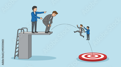 Businessman standing on a diving board feeling anxious, mentor guiding him to jump towards a target bullseye. Concept of coaching, leadership, career goals, and overcoming fear for success.