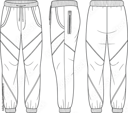 Three Different Styles of Black and White Pants with Elastic Waistbands and Zipper Details drawstring