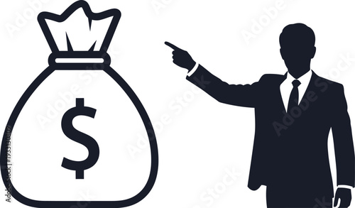 Businessman silhouette points toward a large sack of money with a.