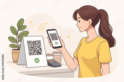 Young woman using smartphone to scan QR code for mobile cashless payment at cafe counter with coffee cup and plant, modern digital wallet technology and contactless transaction vector illustration