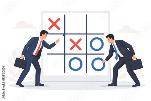 Two Professional Businessmen in Suits Playing Tic-Tac-Toe Game on Large Whiteboard, Concept of Business Strategy, Competition, Rivalry, Decision Making, and Strategic Planning Vector Illustration