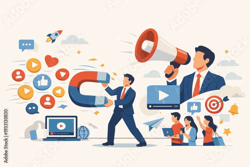 Professional video marketing online concept featuring businessman leader using magnet and megaphone to attract viral content, social media engagement, digital advertising and lead generation.
