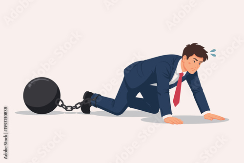 Stressed businessman crawling with a heavy ball and chain on his leg, symbol of corporate debt, professional obstacles, work pressure, burnout, and mental health challenges in business world.