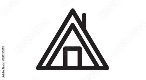 Simple bold black outline vector graphic illustration of an A-frame cabin house icon