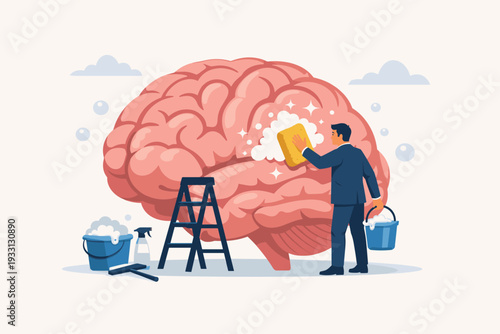 Businessman Cleaning a Giant Brain with Sponge and Soap, Psychotherapy Metaphor for Mental Health, Clean Mind, Fresh Head, Psychological Wellness, Cognitive Detox, and Clarity Vector Illustration