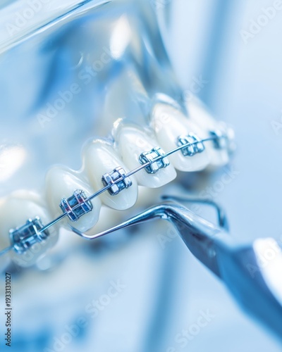 Dental Orthodontic Beauty: An artistic close-up of dental braces showcases the intricate mechanics of orthodontic treatment, promoting oral health and beautiful smiles. 