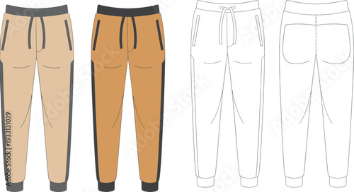 Four pairs of pants with different and colors including beige with black stripes and white with drawstrings