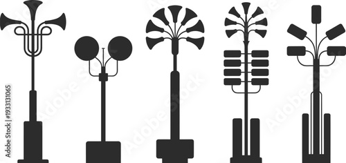 Set of black silhouettes featuring various outdoor loudspeaker horns public address systems and emergency siren towers isolated on white background for industrial sound design.