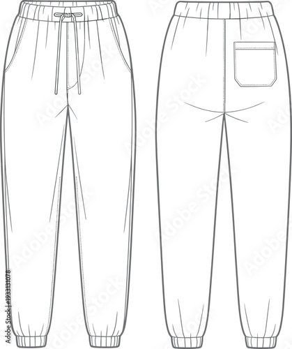 Black sweatpants with drawstring waist and side pocket shown from front and back view