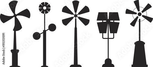 Set of black silhouettes featuring various weather station instruments like anemometers wind vanes and monitoring sensors isolated on white background for meteorological science design.