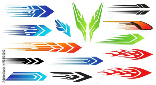 Collection of dynamic speed arrows and flame designs for vehicles.