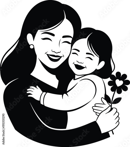 A beautiful black and white illustration of a loving mother embracing her happy child, both smiling brightly together.