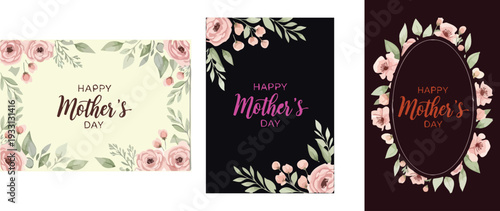 Happy Mother's Day greeting card design collection featuring three different color variations and elegant floral borders
