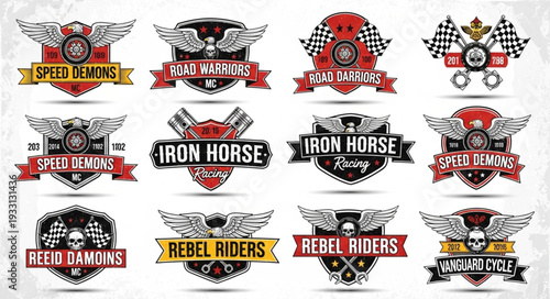 Collection of motorcycle club emblems with wings and banners for design.