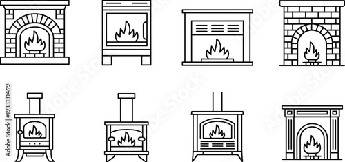 Fireplace and wood stove icon set with brick hearth indoor heater line art vector illustration collection