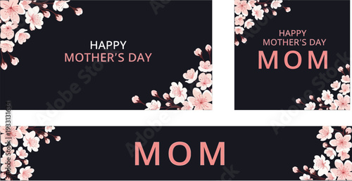 Elegant Happy Mother's Day greeting card design featuring beautiful pink cherry blossoms on a dark background, perfect for celebration.