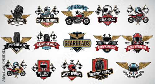 Collection of vintage motorcycle club emblems and badges with wings and flags.
