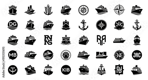Collection of various ship and boat logos in black and white style.