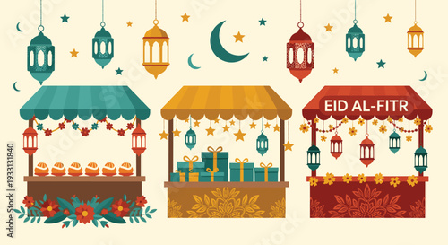 Title: Colorful Eid al-Fitr market stalls decorated with lanterns crescent stars and festive gifts celebrating cultural traditions community shopping and holiday joy  