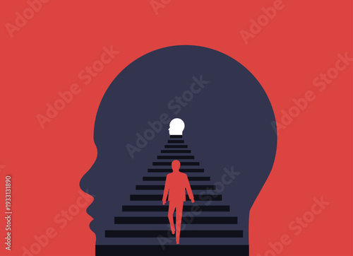 Person walking into face shape cave, mental health depth illustration
