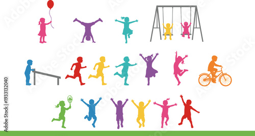 Colorful Children Silhouettes Playing Running Jumping and Swinging in Playground Isolated on White Background for Childhood Activity Concept, flat vector illustration