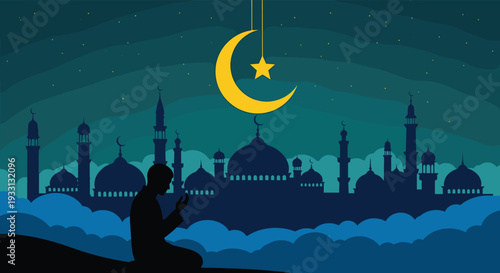Silhouette of person praying against mosque skyline with crescent moon and star evoking serene spiritual reflection during Ramadan or Islamic evening devotion