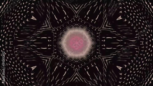 Abstract geometric kaleidoscope pattern with symmetrical shapes and vibrant colors.