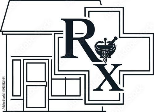 Pharmacy building outline combines with Rx symbol and mortar pestle.