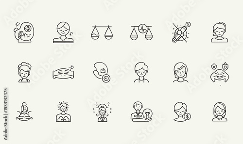 Premium Mental Harmony  Emotional Balance Icon Pack - 18 Minimalist Line Art Graphics for Mindfulness, Self-Awareness  Spiritual Wellness UI Assets