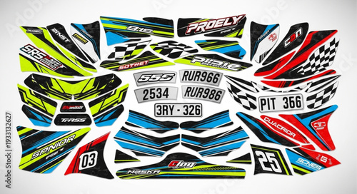 Colorful racing kart graphics kit with vibrant design elements and patterns.