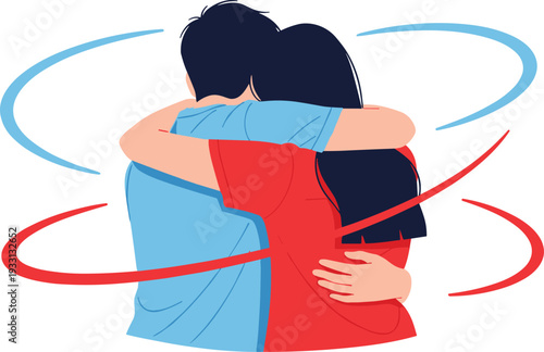 Abstract flat illustration of loving young couple tightly hugging each other surrounded by red and blue dynamic motion lines.