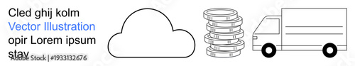 Cloud technology, data systems, logistics management, digital storage, service networks, business solutions. Cloud, server stacks and truck illustration. Cloud technology and data systems