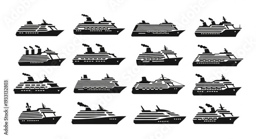 Collection of cruise ship silhouettes in a grid pattern, perfect for travel and tourism.
