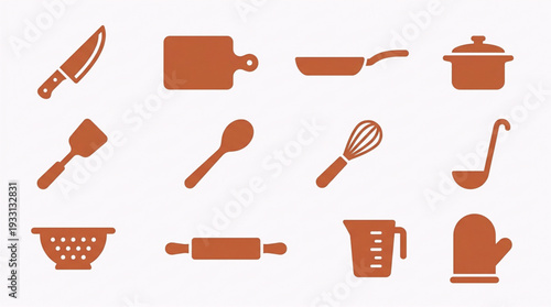 Comprehensive collection of essential kitchen cooking and baking utensils, tools, and equipment icons for culinary-themed designs