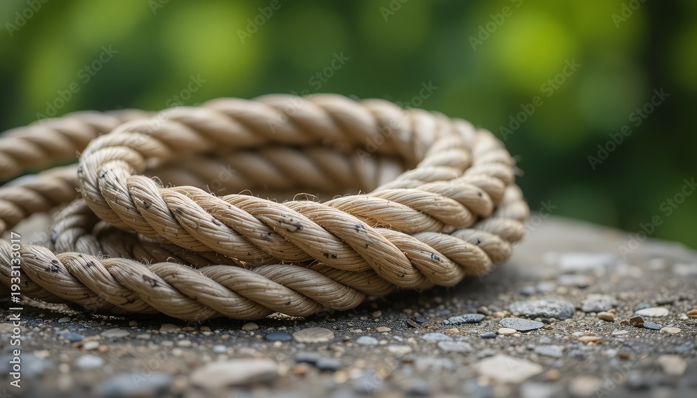 Fototapeta premium Close up of coiled natural fiber rope on rough ground, detailed braided texture, warm sunlight, shallow depth of field, green blurred background, realistic outdoor setting