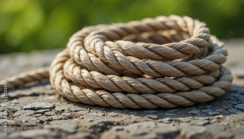 Fototapeta premium Close up of coiled natural fiber rope on rough ground, detailed braided texture, warm sunlight, shallow depth of field, green blurred background, realistic outdoor setting
