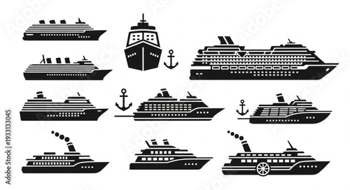 Collection of various cruise ships and boats in silhouette style for design.