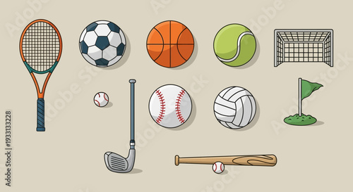 Collection of Sports Equipment and Balls on a Neutral Background