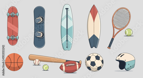 Collection of Sports Equipment and Gear on a Gray Background
