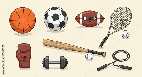 Collection of Sports Equipment: Balls, Bat, Dumbbell, Boxing Glove, Tennis Racket, Jump Rope
